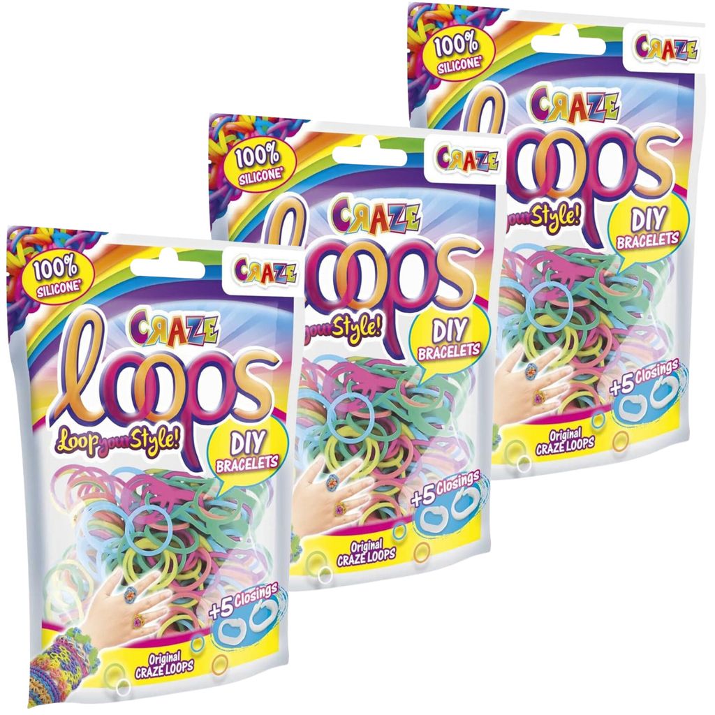 3 x Craze Loops 100 Loom Bänder & 5 Verschlüsse Kinderschmuck Bastelset je 100 Gummibänder