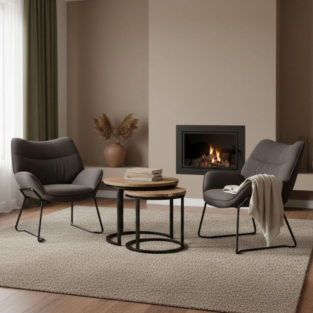 Möbelset Couchtisch Fermo, 2er Set Sessel Aliano dunkelgrau