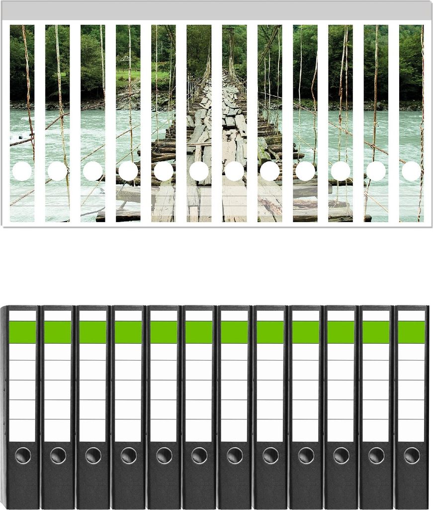 Wallario 12 Stück schmale Ordner inkl. Klebeetiketten mit Motive Alte Hängebrücke über dem Fluss - Set mit Rückenschildern / Ordnerrücken Sti...