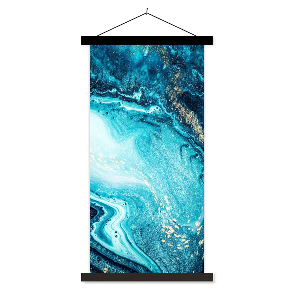 MuchoWow Textilposter Marmoroptik - Blau - Gold - Luxe - Glitzer - Marmor 90x180 cm mit schwarzem Rahmen - Dekoration Wohnzimmer