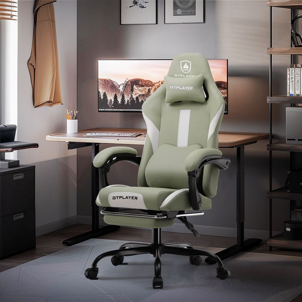 GTPLAYER Gaming Stuhl Ergonomischer Gaming Sessel Schreibtischstuhl mit Stoffoberfläche Atmungsaktiver Bürostuhl Federsitzkissen mit Fußstütze ...