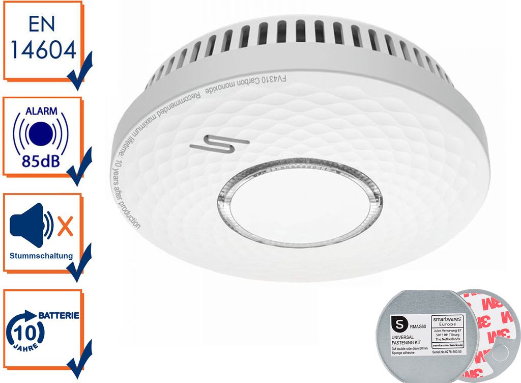 2in1 Rauchmelder & Kohlenmonoxid CO Melder mit 10 Jahres Batterie & Mangetplatte