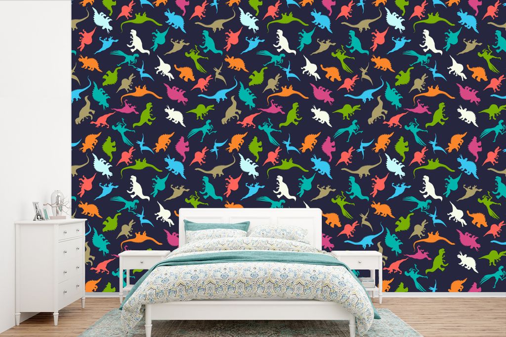 MuchoWow Fototapete für Wohnzimmer oder Schlafzimmer Wandtapete Vinyl Motivtapete Muster - Dino - Farben - Jungen - Kinder - Kind - 330x220 cm -...