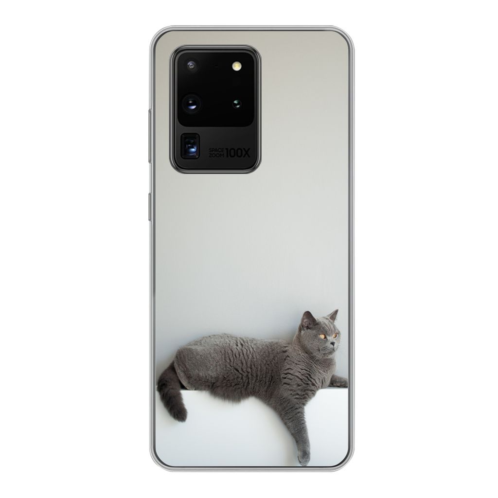 MuchoWow Handyhülle Schutzhülle Hülle für Samsung Galaxy S20 Ultra Katze - Britisch Kurzhaar - Grau - Mädchen - Kinder - Jungen - Kinder Sil...