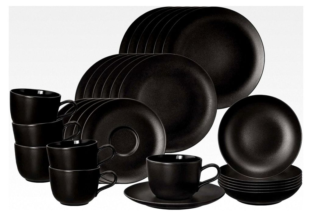 Kombiservice Velvet Black 30-teilig, Geschirr-Set für 6 Personen, Porzellan mit mattem Finish, Schwarz