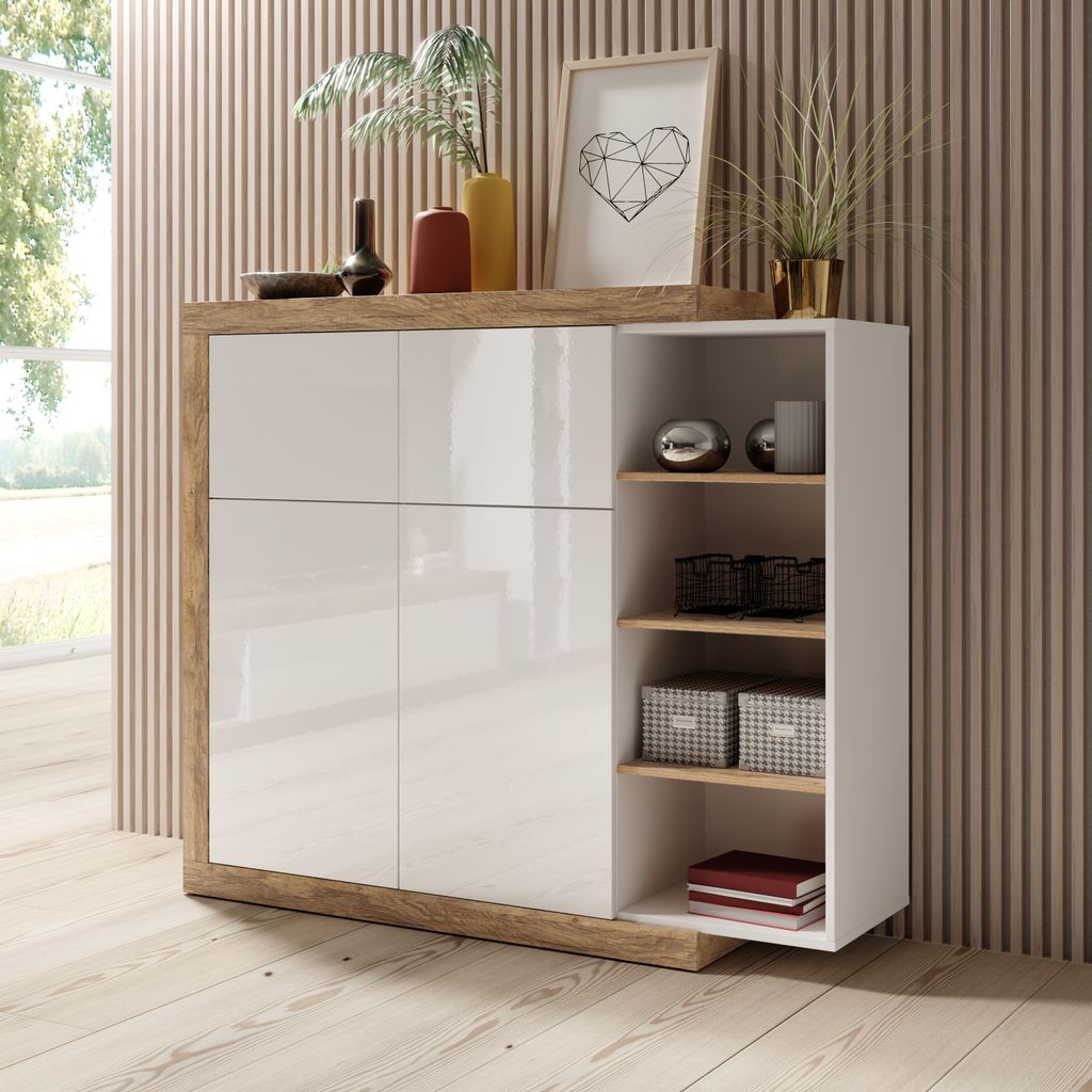 Masseno Kommode SINFONIA 150 cm Highboard und 2 Türen für Wohnzimmer Schlafzimmer Modern 150x40x128 cm Eichefarben / Weiß