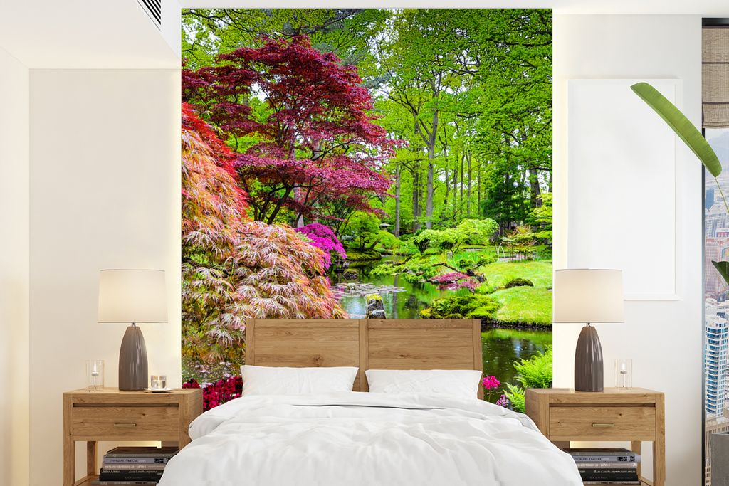 MuchoWow Fototapete für Wohnzimmer oder Schlafzimmer Wandtapete Vinyl Motivtapete Bäume - Blumen - Japanisch - Natur - Wasser - 190x260 cm - Pa...