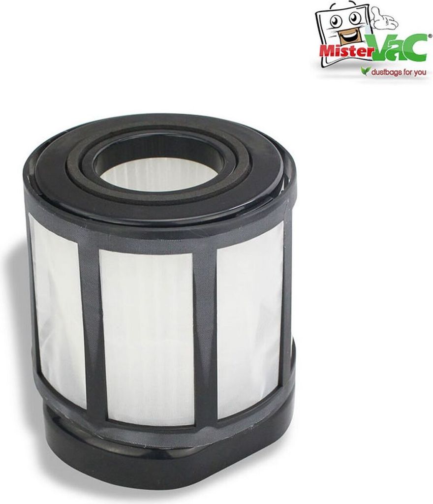 A vacuum cleaner filter is shown against a white background. A logo is visible in the top right corner.