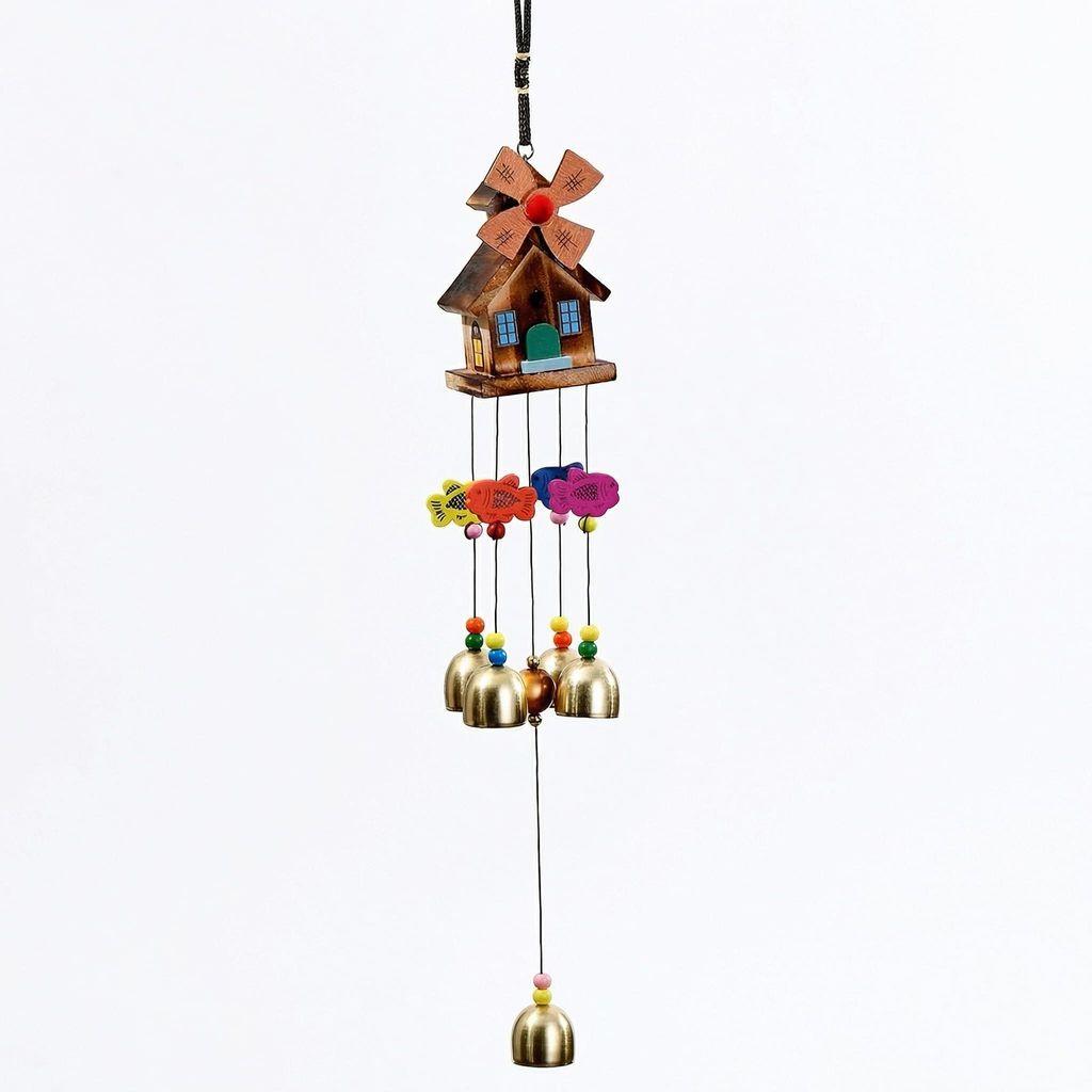 Handgefertigtes Windspiel aus Holz mit Haus- und Windmühlenmotiv – Farbenfrohe hängende Gartendekoration, Windspiel für Terrasse, Balkon oder ...