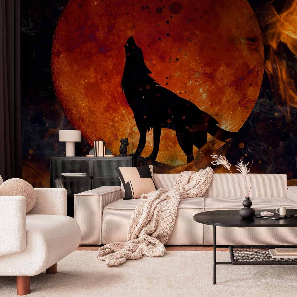 Selbstklebende Folie Fototapete - Wild nature - wolf on a background of a red moon in flames of fire 196x140 cm Tiere g-C-10005-a-a