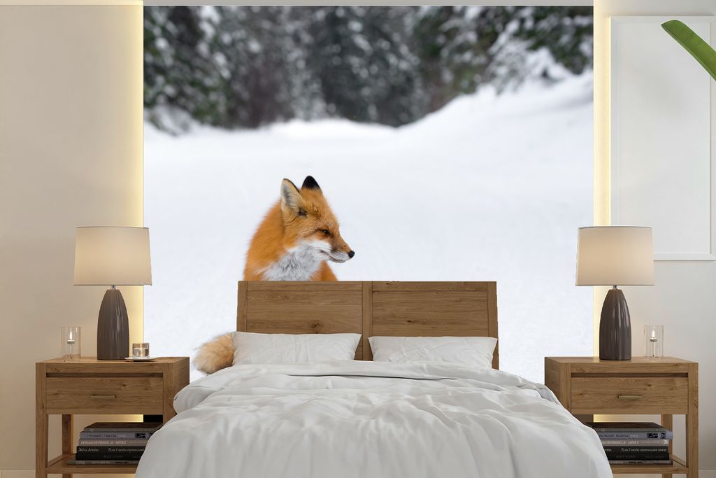 MuchoWow Fototapete für Wohnzimmer oder Schlafzimmer Wandtapete Vinyl Motivtapete Fuchs - Schnee - Winter - 350x350 cm - Schlafzimmertapete