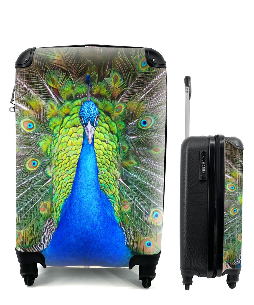 MuchoWow Koffer Handgepäck Trolley Rollkoffer Kleine Reisekoffer mit 4 Rollen - Pfau - Blau - Grün - Cabin Size < 55x40x23 cm & 55x40x20 cm - F...