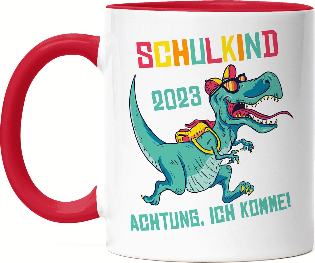 Schulkind 2023 Achtung Ich Komme Tasse Rot Einschulungsgeschenk T-Rex Dinosaurier Fans 1. Klasse