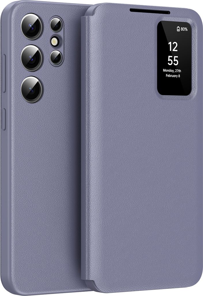 Leder Flip Case für Samsung Galaxy S22 Ultra, Smart View Fenster Handyhülle mit Kartenfach Lila