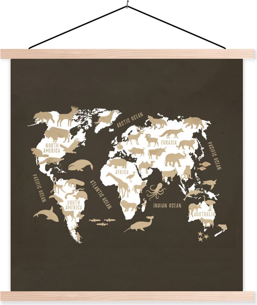 MuchoWow Textilposter Weltkarte - Weiß - Tiere 40x40 cm mit holzfarbenen Rahmen - Posterleiste