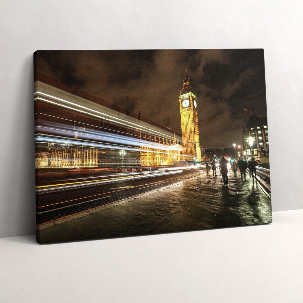 Big Ben bei Nacht Geschwindigkeit des Lichts – Leinwandbild Wandbild – 80x60 cm – Leinwandbilder – Wandbilder – Schlafzimmer – Flur