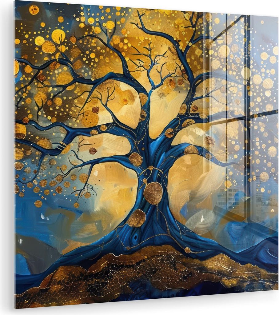 MuchoWow Glasbilder - Bilder auf Wandbild - Foto auf Glas Baum - Baum des Lebens - Blau - Gold 90x90 cm Wanddekoration aus Glas - Acrylglasbild - A...