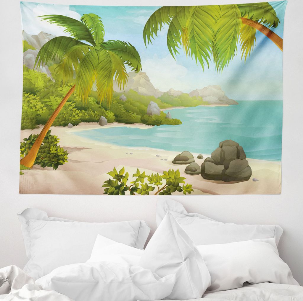 ABAKUHAUS Tropisch Wandteppich, Palmen und Felsen aus Weiches Mikrofaser Stoff Waschbar ohne Verblassen Digitaldruck, 150 x 110 cm, Grün Aqua