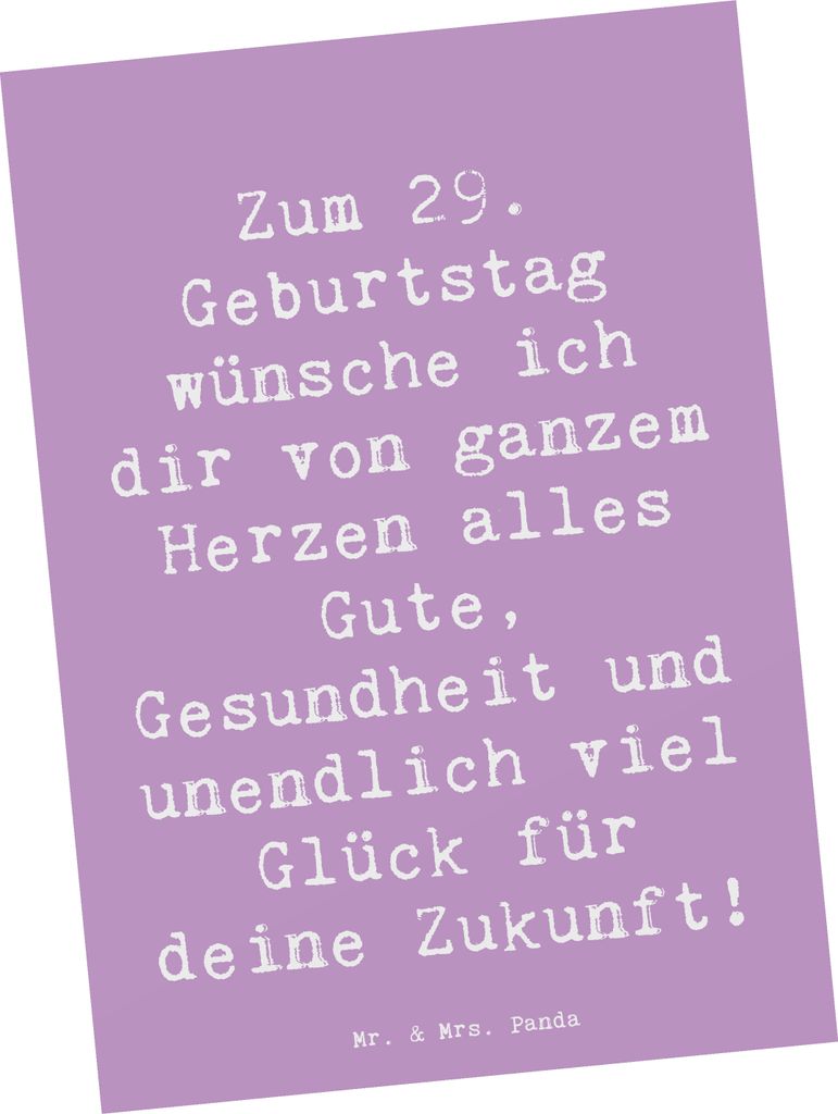 Mr. & Mrs. Panda Postkarte Spruch 29. Geburtstag Wünsche - Lavendeltraum - Geschenk, Alter, positive, Gesundheit, Ansichtskarte, Grußkarte, bildk...
