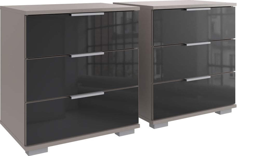 Nachtkommode >Easy Plus< (2er-Set) je 3 Schübe, SAHARAGRAU + GLAS SCHWARZ - 52x58x38 (BxHxT)