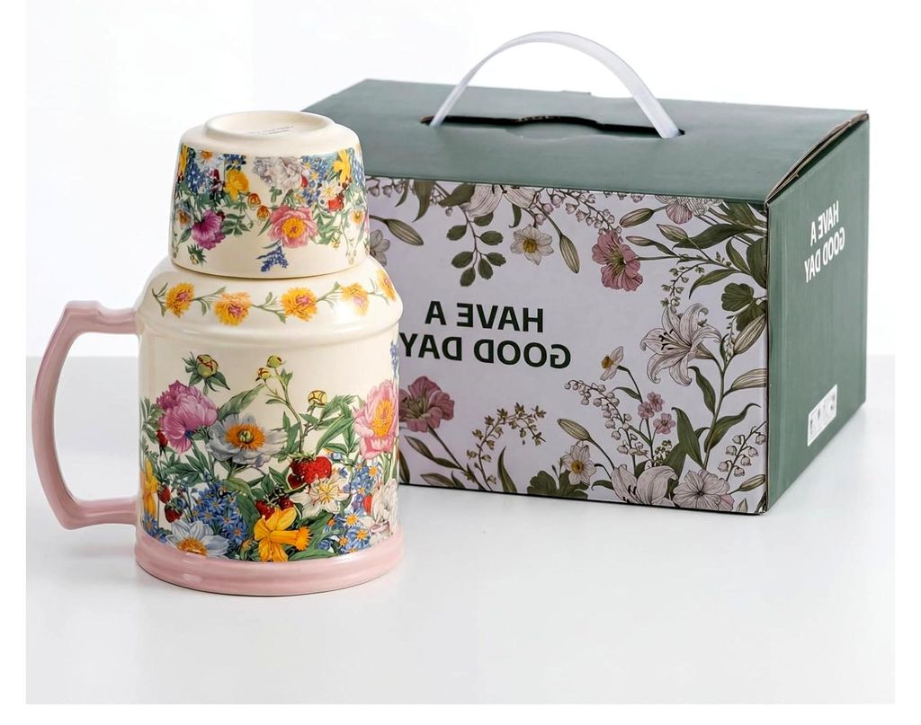 Vintage Keramik-Teekanne mit Tassen-Deckel und Untertasse, 650ml Blumen Retro Teeset