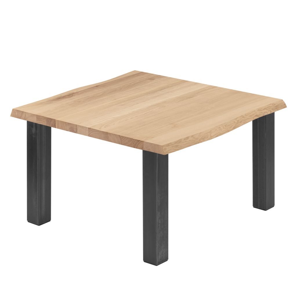 LAMO Manufaktur Esstisch Küchentisch Schreibtisch Couchtisch aus Massivholz, mit Baumkante 60x60x47 cm (AxBxH), Classic, Natur / Rohstahl mit Klar...