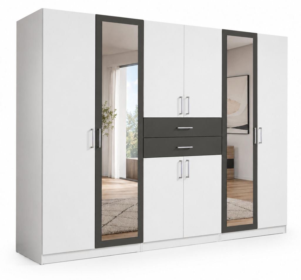 Drehtürenschrank Kleiderschrank 270 cm Schubladen Spiegel Ausstattung Weiß und Grafit / 22594