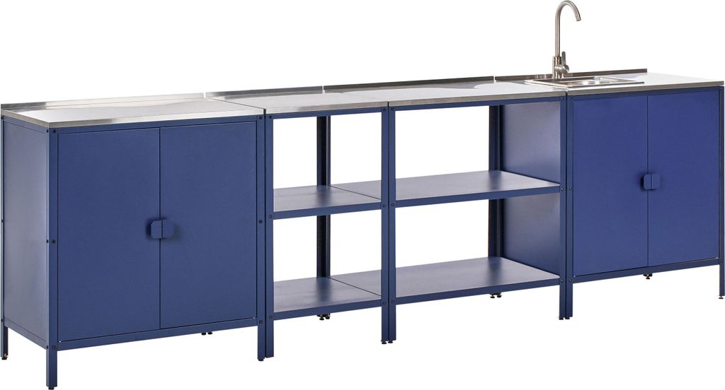 BELIANI Outdoor-Küche Blau Stahl 4er Set mit Spüle Edelstahlplatte Modern für Garten Draußen Ausstattung Outdoor-Küchenmöbel Gartenküche