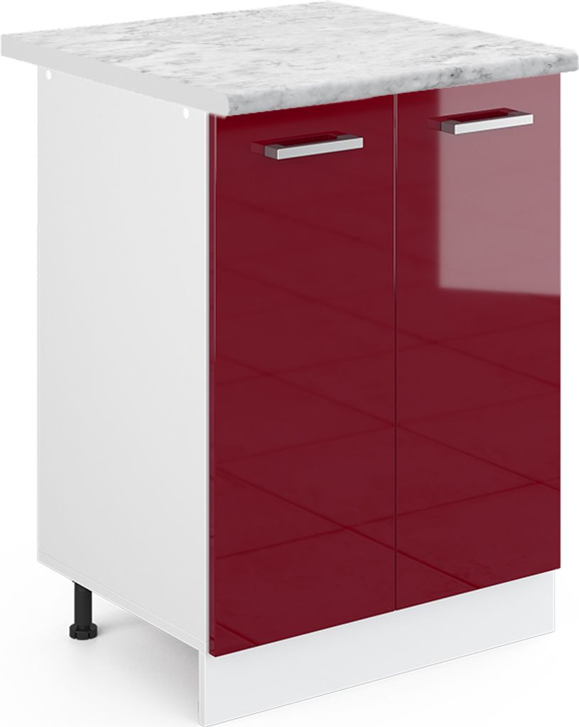 A white and red kitchen cabinet with a marble countertop.
