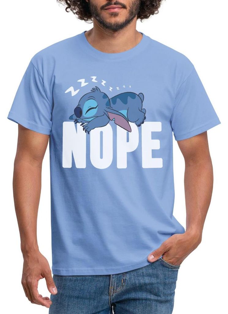 Lilo & Stitch | Schlafender Stitch Nope Männer T-Shirt, XXL, Carolina Blue