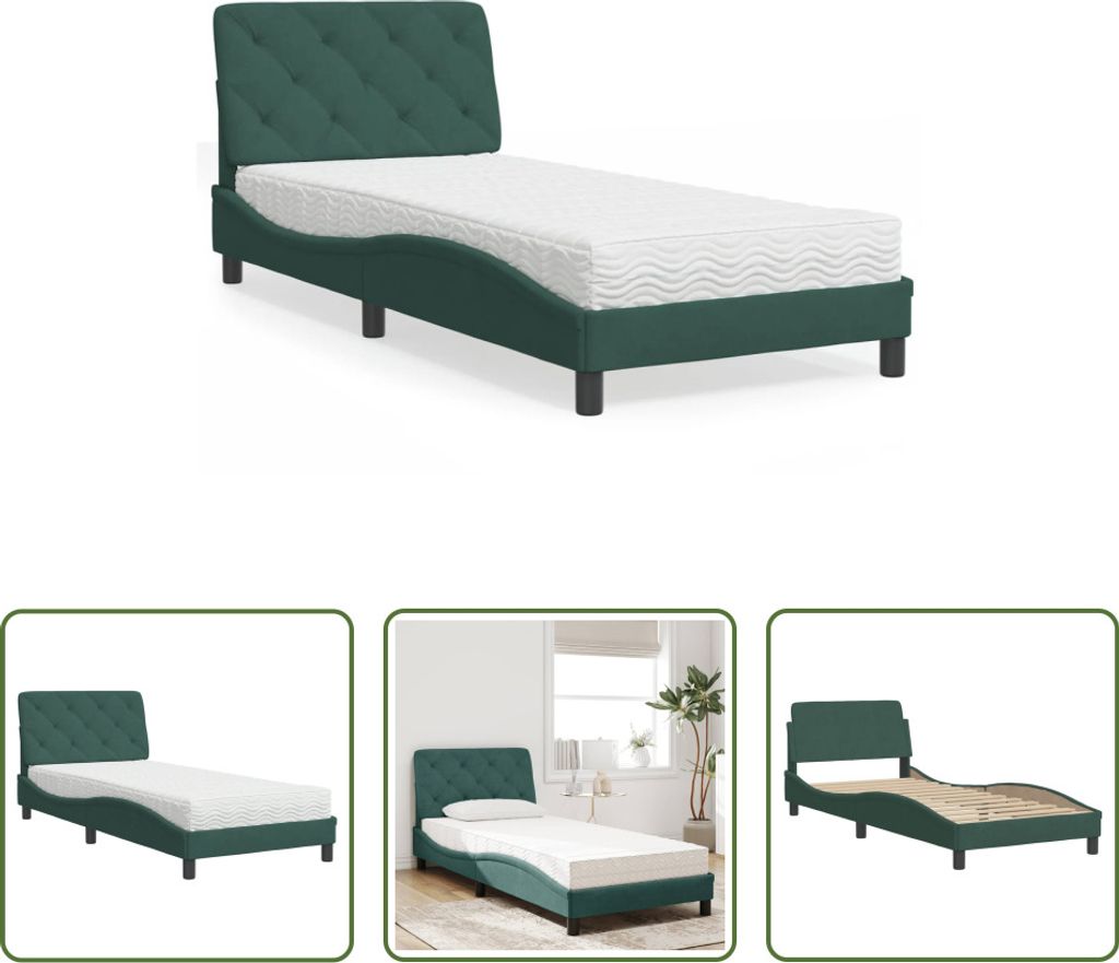 The Living Store Bett mit Matratze Dunkelgrün 90x200 cm Samt