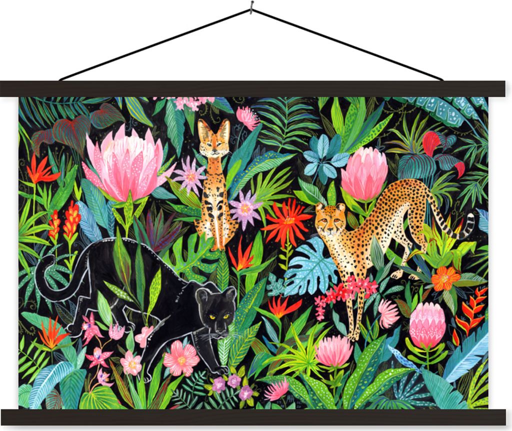 MuchoWow Textilposter Dschungel - Pflanzen - Tiere 120x80 cm mit schwarzem Rahmen - Wanddeko