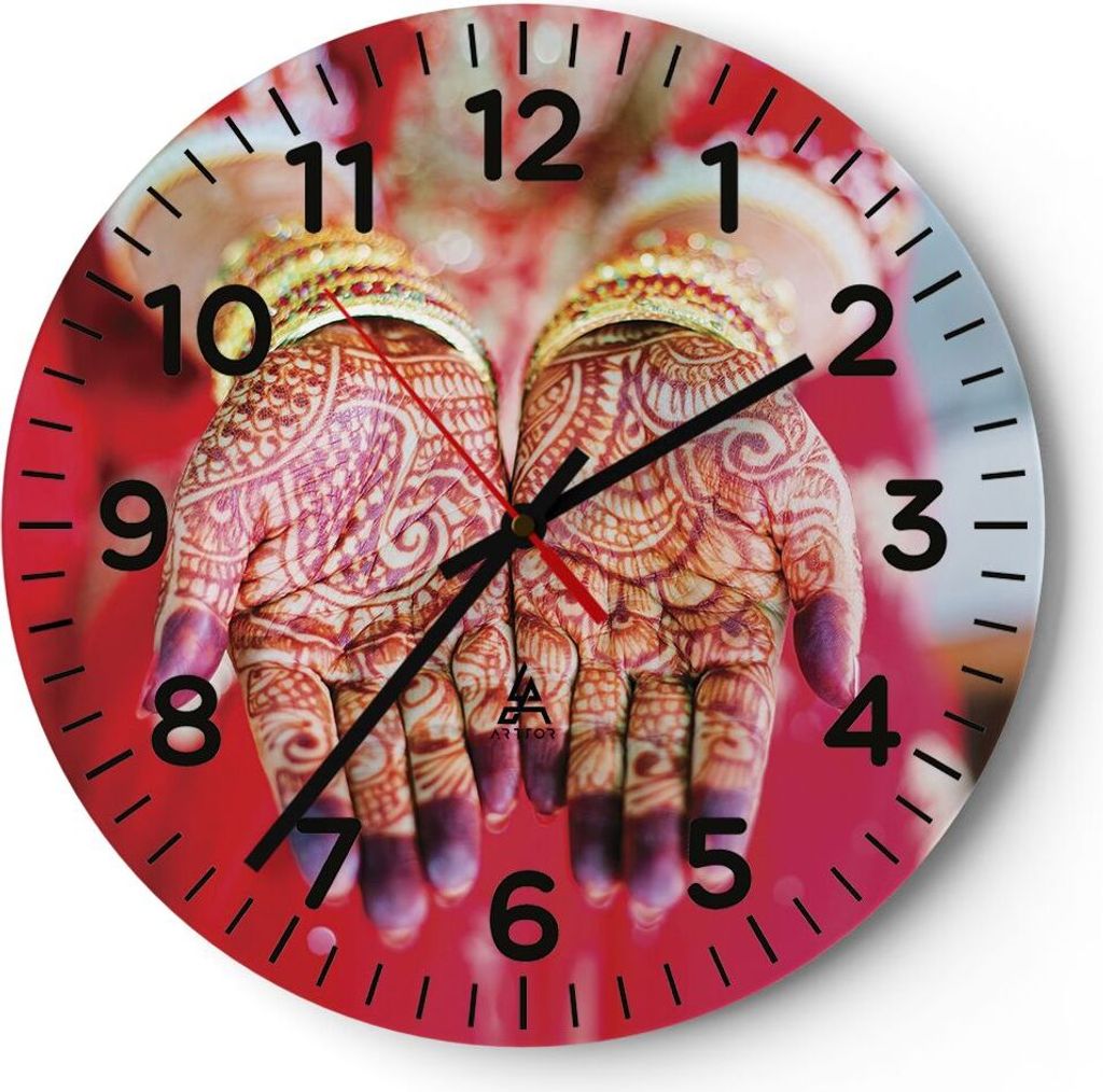 Wanduhr - Rund - Glasuhr - Hände orientalisch Muster - 30x30cm - Schleichendes Uhrwerk - Lautlos - zum Aufhängen bereit - Dekoration Modern - Wan...