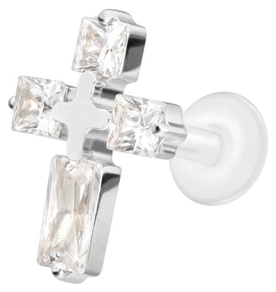 Ohrpiercing, Nasenpiercing PTFE Labret mit Innengewinde + Titan-Aufsatz KRISTALLKREUZ Silber Stablänge: 8mm | Stabstärke: 1,2mm