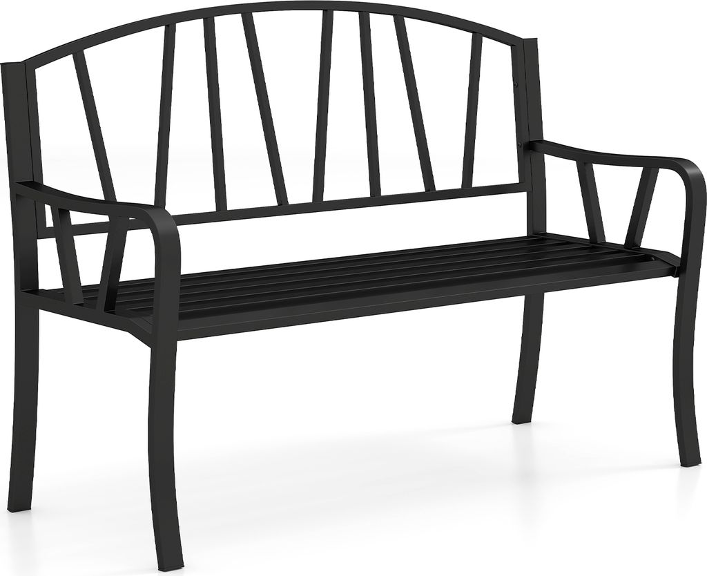 COSTWAY Gartenbank Metall, Sitzbank für 2 Sitzer, Parkbank mit Rückenlehne & Armlehne, Metallbank bis 300kg belastbar, 129x53x93cm