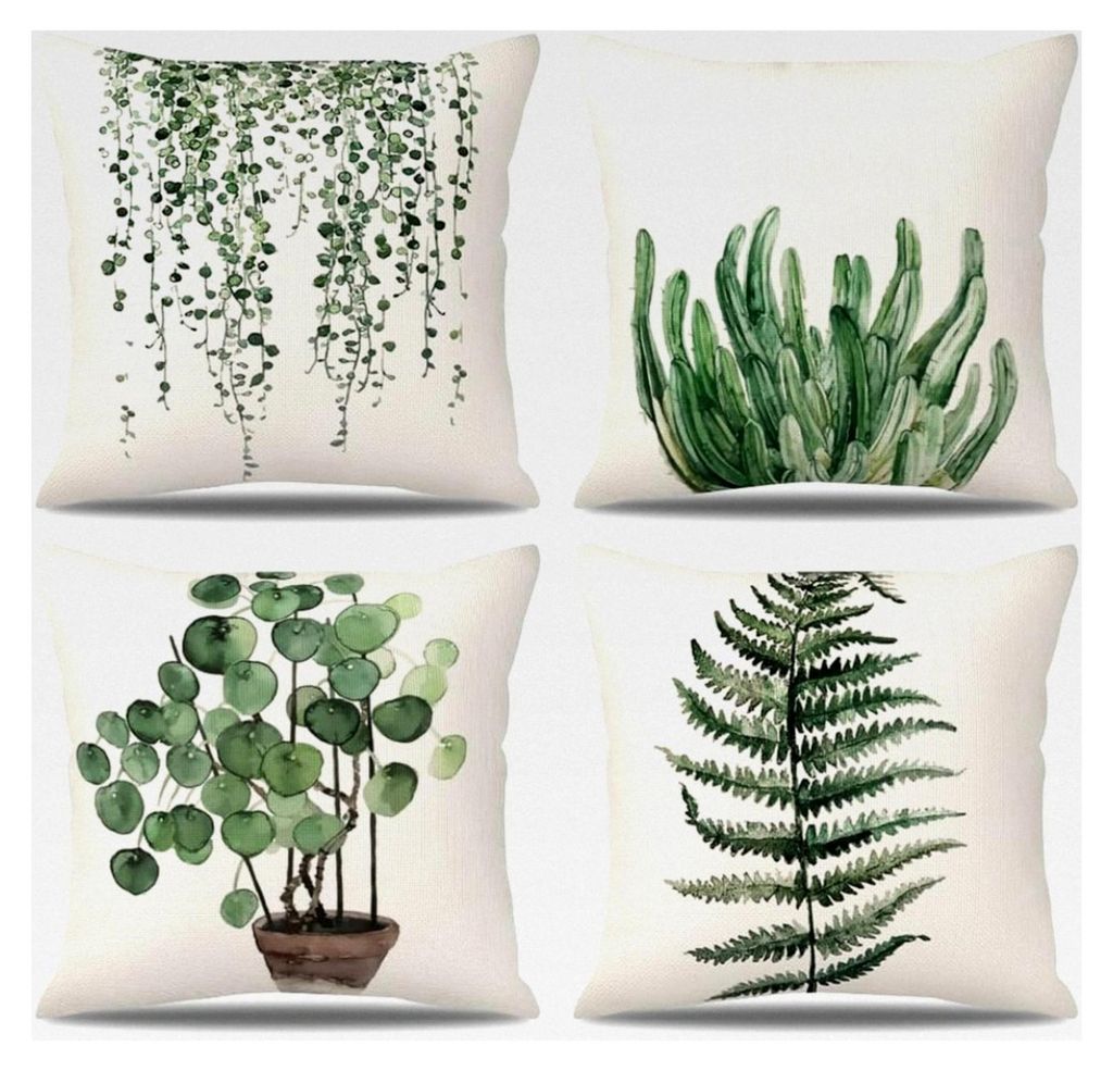 Kissenbezug 60x60 cm Leinen 4er Set mit grünem Blattmotiv für Sofa, Schlafzimmer, Garten und Outdoor
