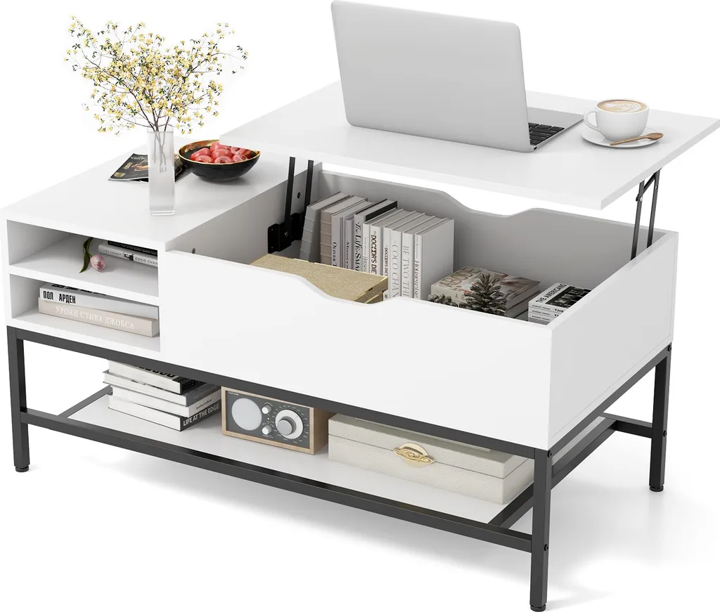 Tavolino da Caffè Moderno COSTWAY Bianco: Piano Alzabile Top