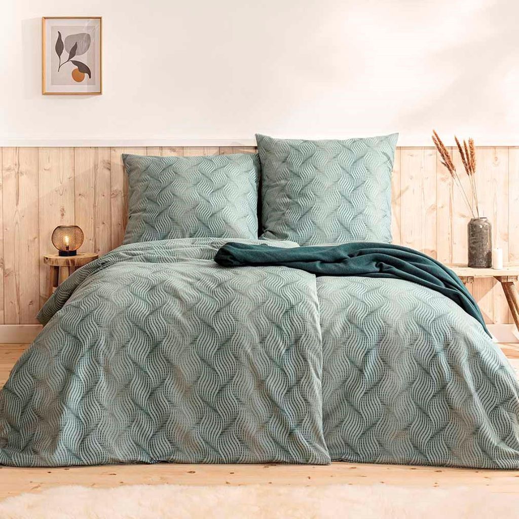 Estella Samt + Seide Flanell Bettwäsche 155x220 Solaro alge petrol Wellen 5455-545
