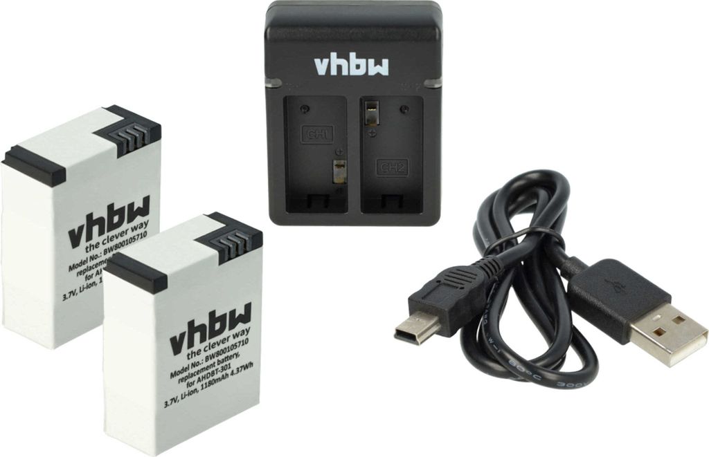 vhbw Ladezubehör-Set kompatibel mit GoPro Hero 3 White Edition Action-Cam - 1x Ladegerät, 1x Ladekabel, 2x Akku