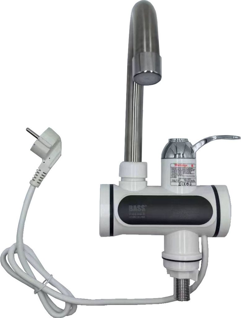 A white electric faucet with a silver spout and a black band, connected to a white power cord and plug.