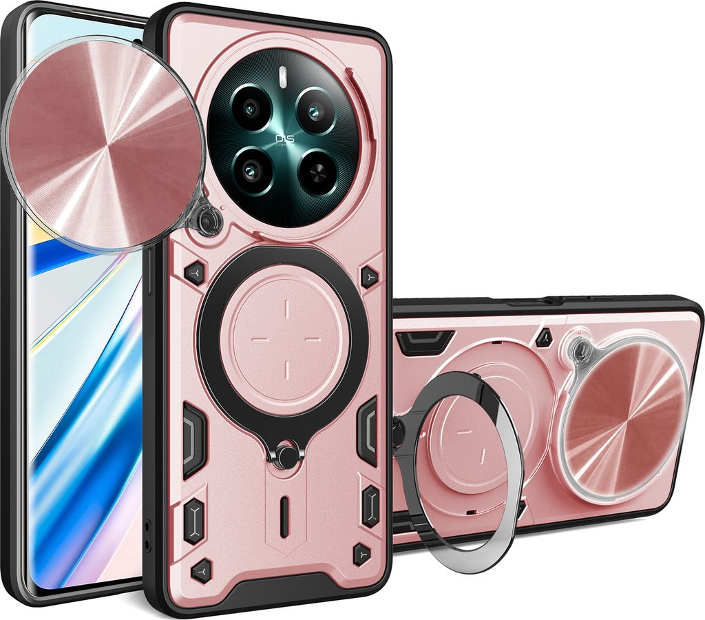 Handyhülle für Realme 12+ Dual-Layer Stoßfest Rüstung Hülle mit Dia Kameraschutz und Kreisförmig Ring Ständer Roségold