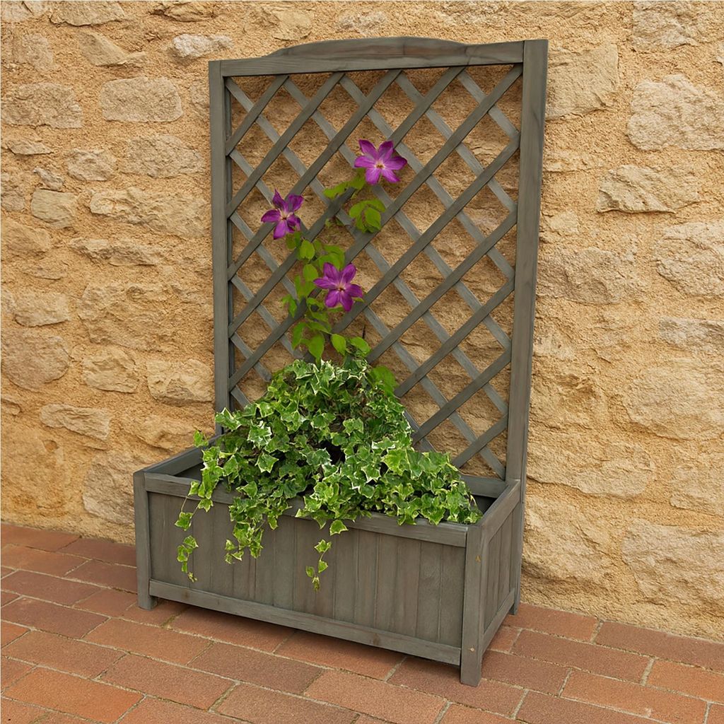 Pflanzkasten mit Rankgitter aus Holz Grau Blumenkasten für Terrasse und Balkon