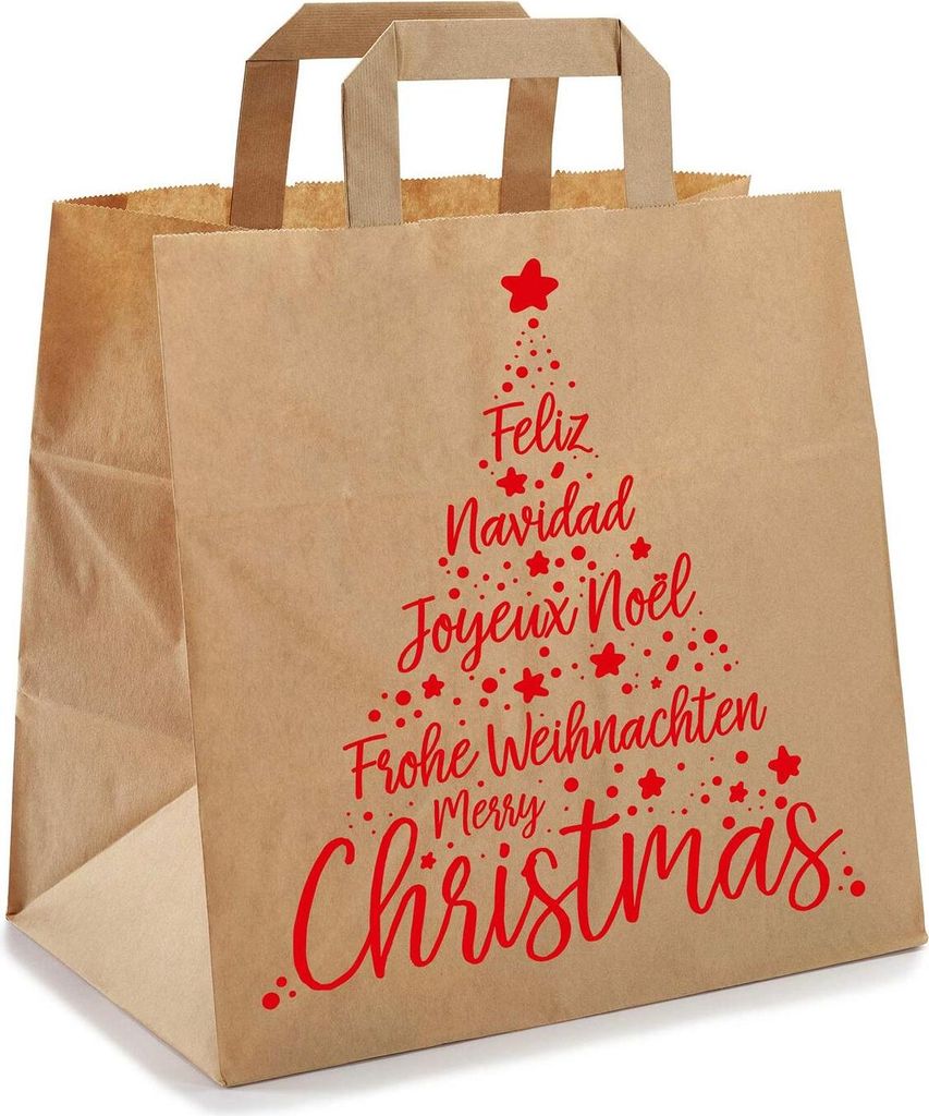 250x Papiertragetaschen aus Kraftpapier 260+170x250mm Motiv Christmas rot braun 80 gr.