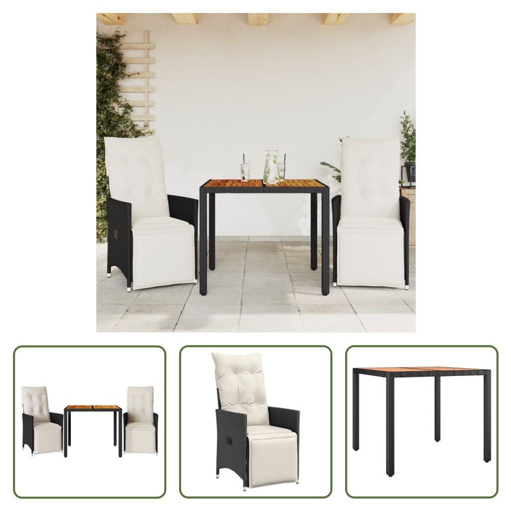 The Living Store 3-tlg. Bistro-Set mit Kissen Schwarz Poly Rattan