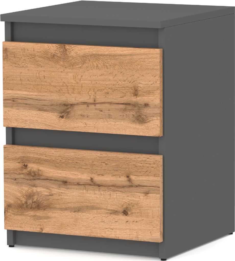 Nachttisch Grau Eiche Wotan - Nachtschrank mit 2 Schubladen - Nachtkommode Modern - Schubladenschrank Holz für Schlafzimmer - Große Kommode 53,5x...