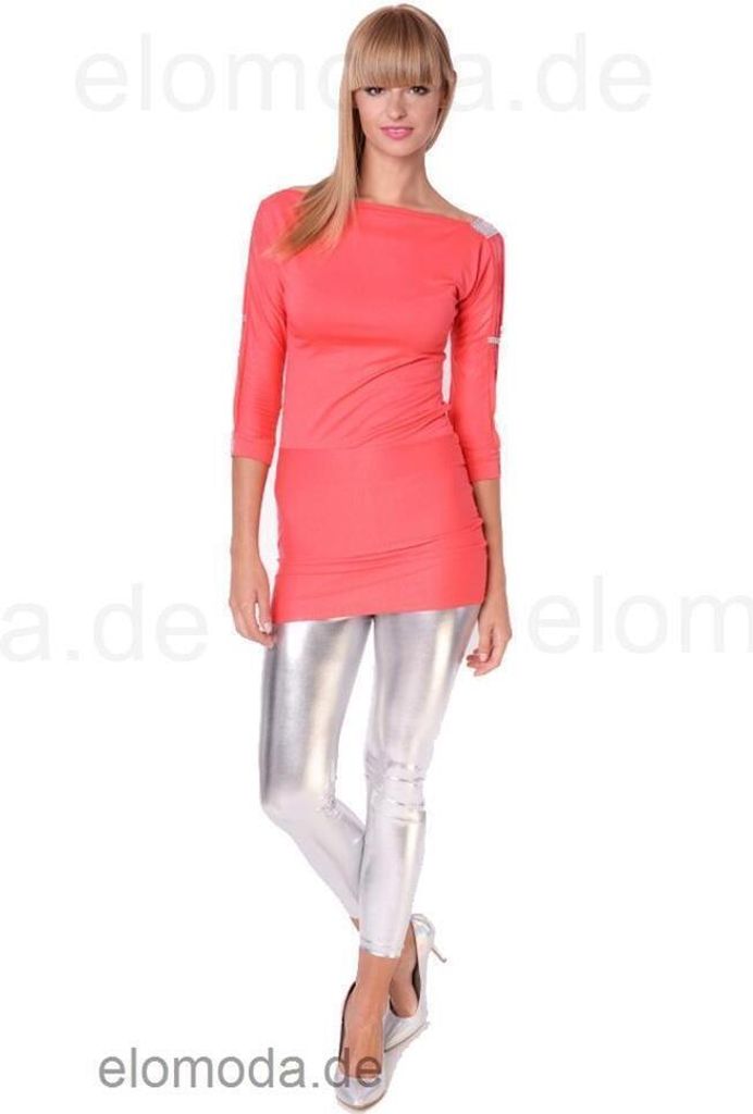 Damen Tunika Oberteil Shirt T-shirt Sweatshirt 3/4 Ärmel Pailetten Glitzer Strass Spitze; Koralle/S/M 36/38