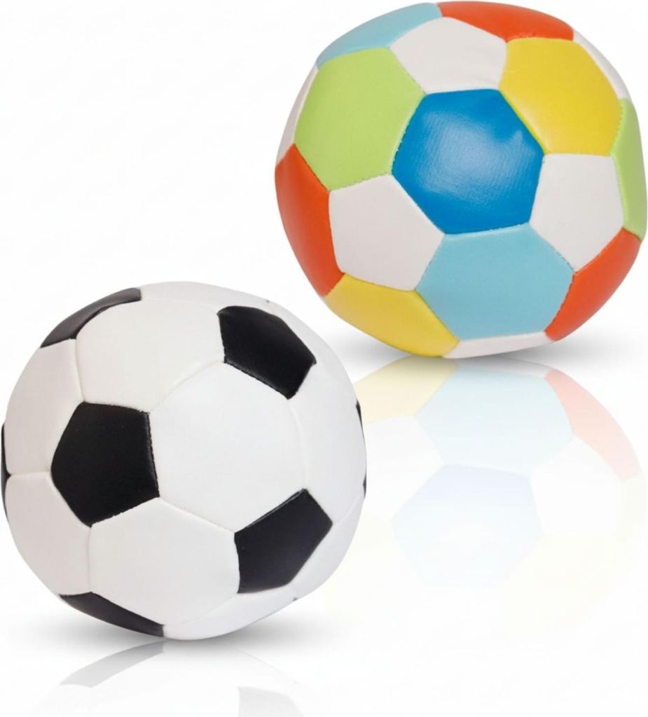 Softball Ø 10 cm 2er Set, schwarz-weiß und bunt, weiche Kinderbälle im Fußball-Design, leichte Spielbälle für drinnen und draußen