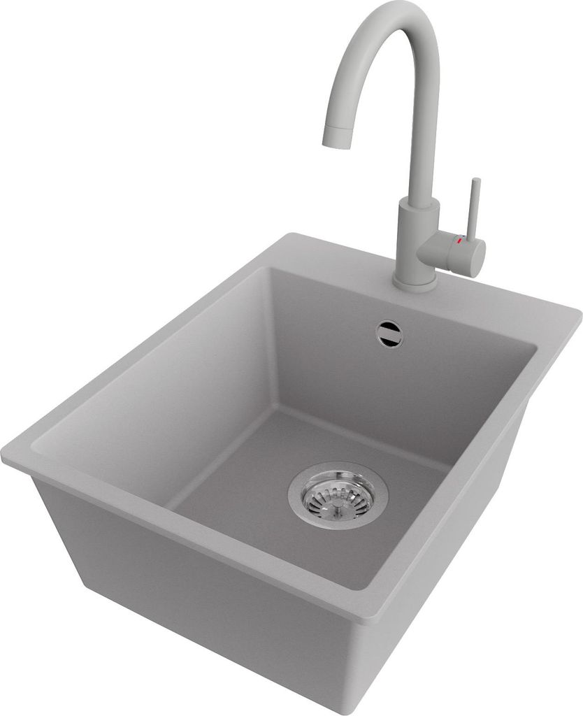 PRIMAGRAN Granitspüle Grau 38x50cm, Spülbecken 1 Becken + Küchenarmatur 32x20cm + Ablauf-Set, Küchenspüle ab 40er Unterschrank - Riga