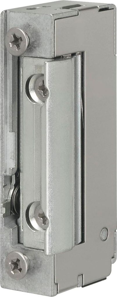 A close-up, studio shot of a metal door lock mechanism.