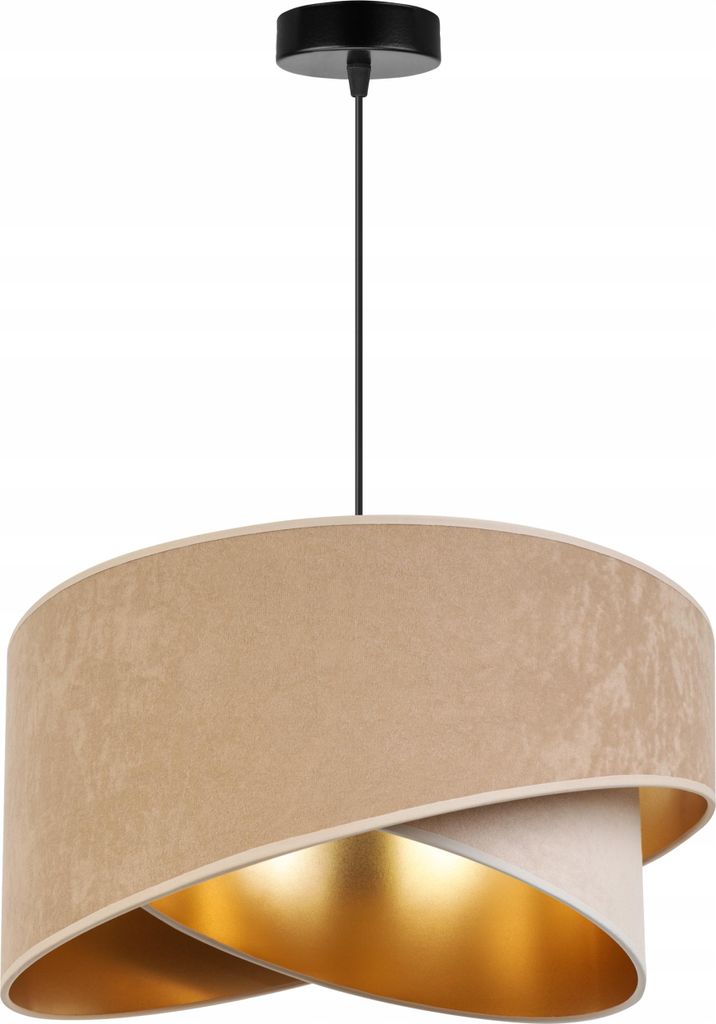 A pendant lamp with a beige fabric shade and a gold interior, suspended from a black ceiling mount.